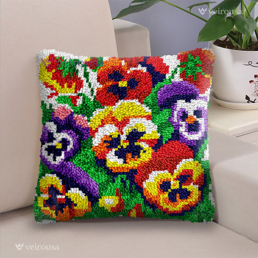 Blooming Pansies Pillowcase Latch Hook Kits for Adult, Beginner and Kid