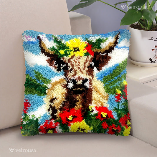 Highland Cow With Flowers Latch Hook Pillow Kit for Adult, Beginner and Kid