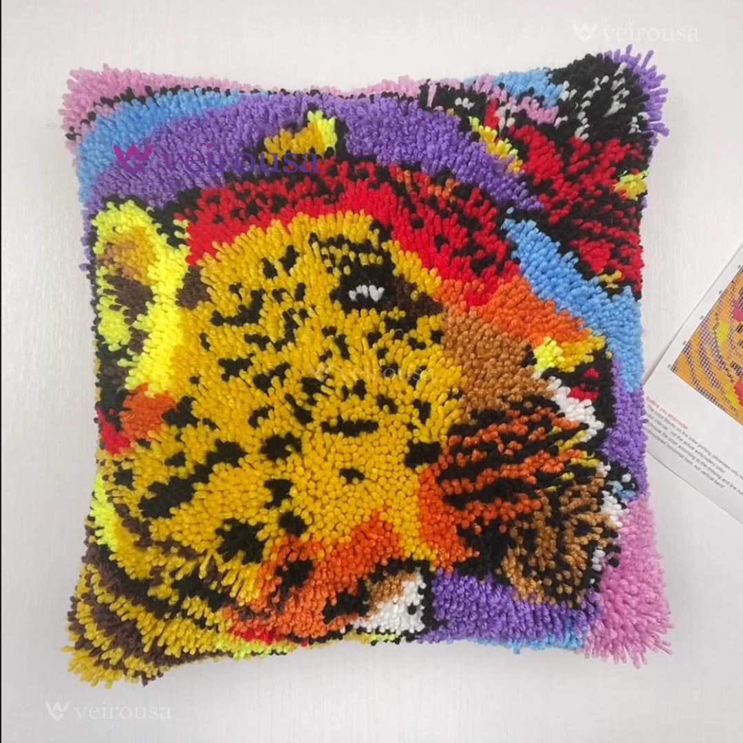 Leopard & Butterfly Encounter Latch Hook Pillow Kit for Adult, Beginner and Kid