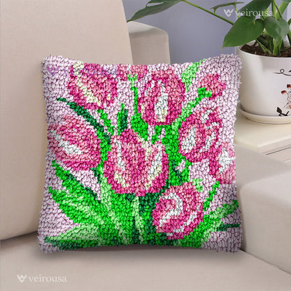 Pink Tulips Latch Hook Pillow Kit for Adult, Beginner and Kid