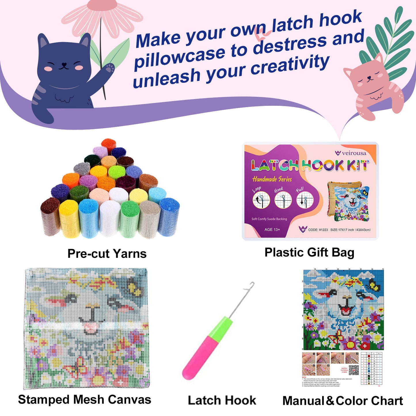 Kit de coussin à crocheter « Agneau joyeux dans une prairie fleurie » pour adultes, débutants et enfants