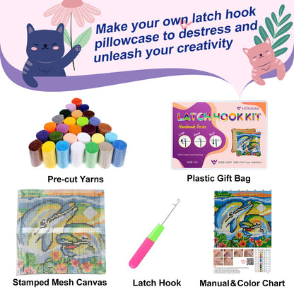 Kit de coussin à crocheter avec deux dauphins mignons pour adultes, débutants et enfants