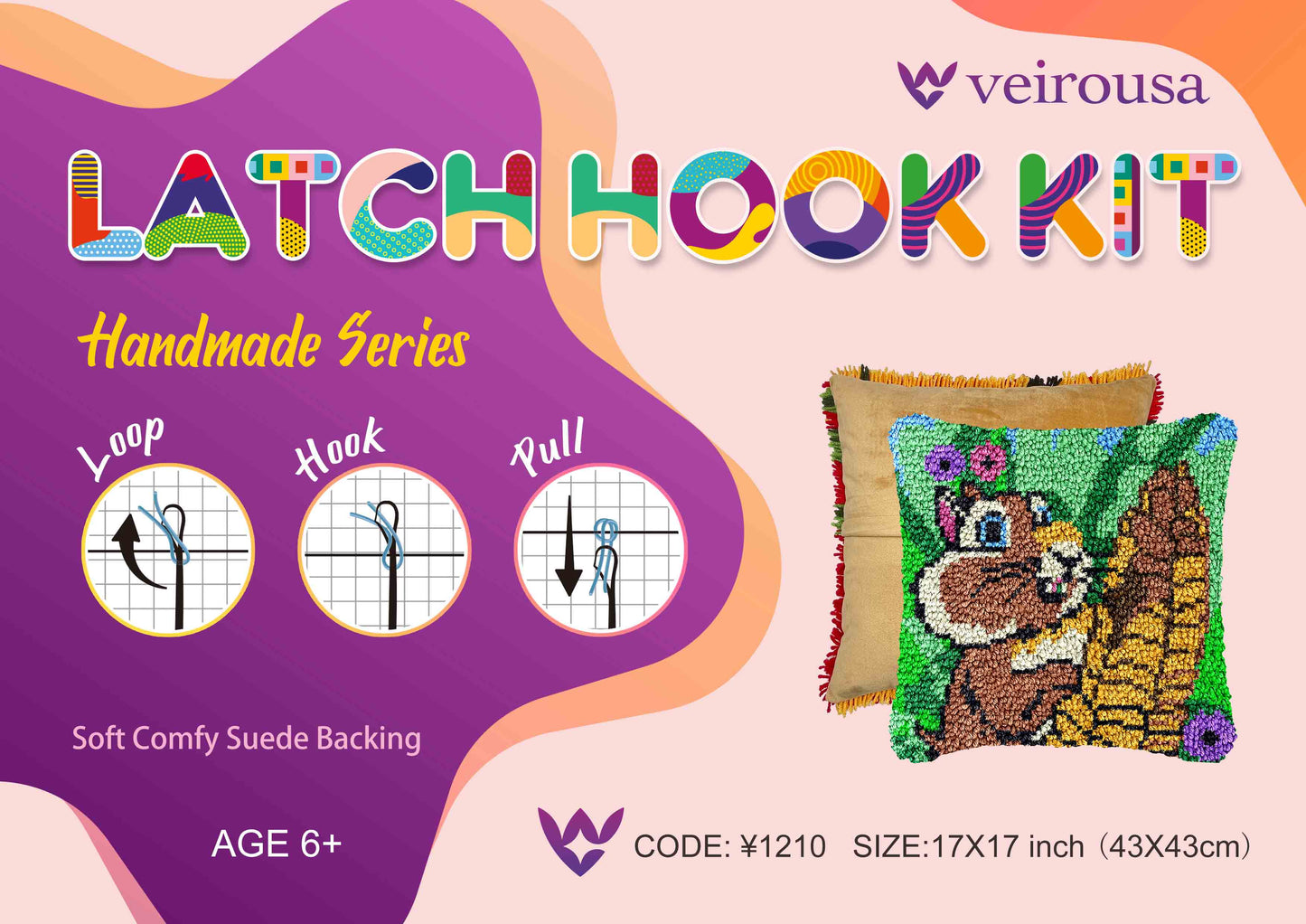 Squirrel Eating A Pine Cone Latch Hook Pillow Kit for Adult, Beginner and Kid