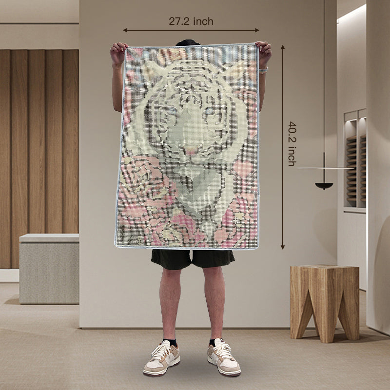 [Large Size] White Tiger with Flowers - Latch Hook Rug Kit
