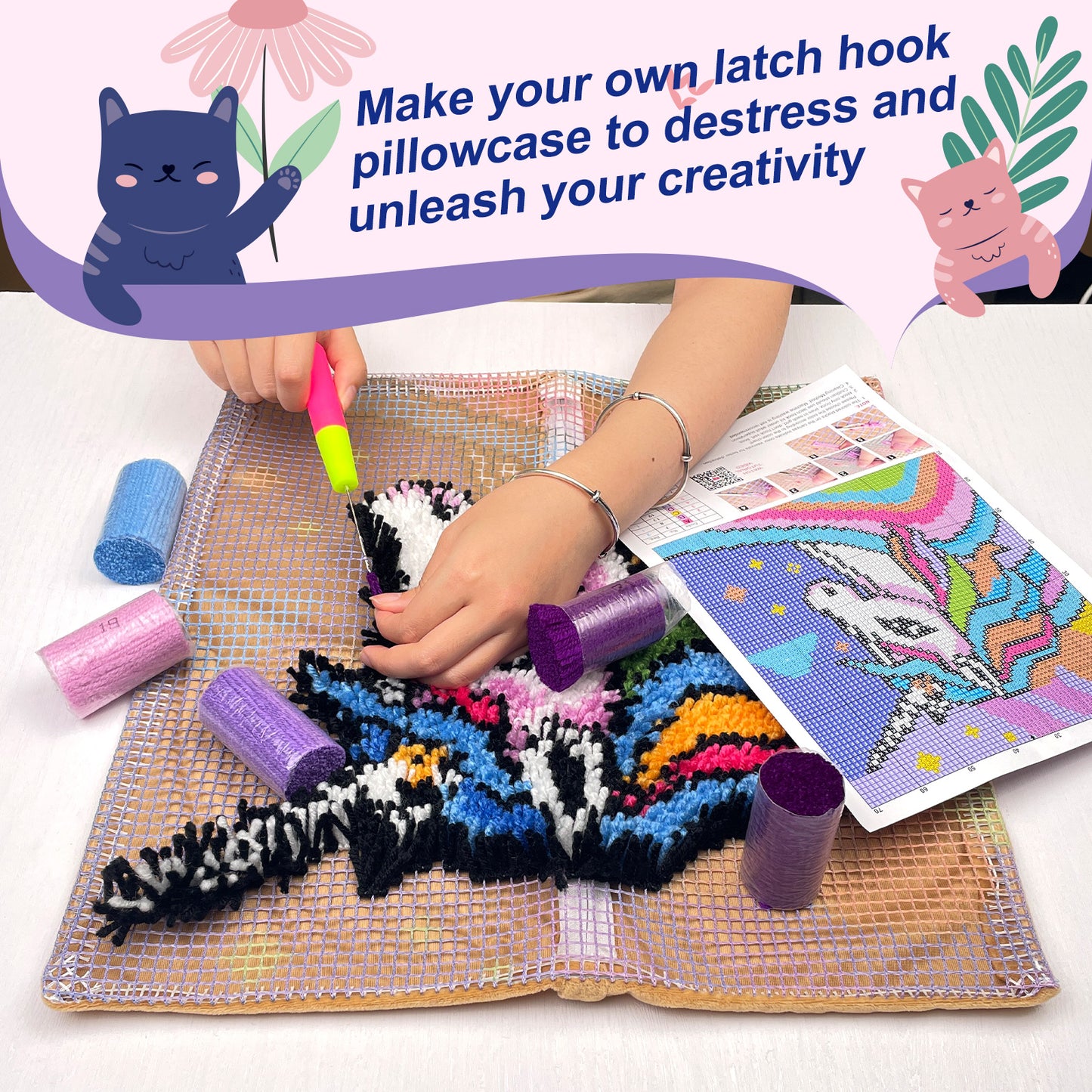 Black Leopard Print Pillowcase Latch Hook Kits for Adult, Beginner and Kid
