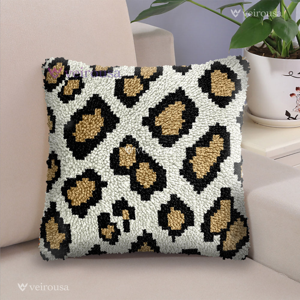 Black Leopard Print Pillowcase Latch Hook Kits for Adult, Beginner and Kid