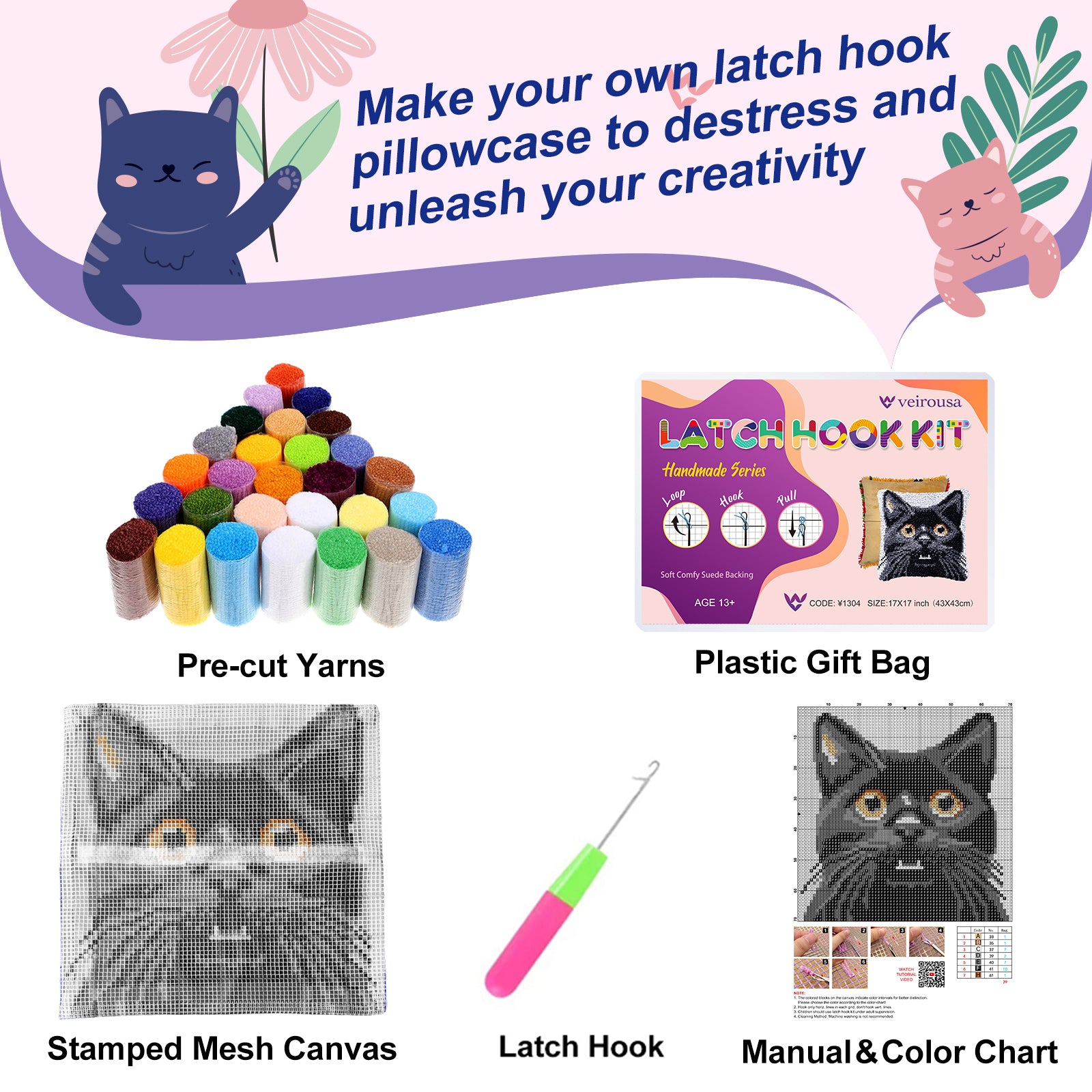 Veirousa Black Cat Latch Hook Pillow Kit Including Yarn, Tool, Printed Mesh Canvas, Instructions And Beautiful Package