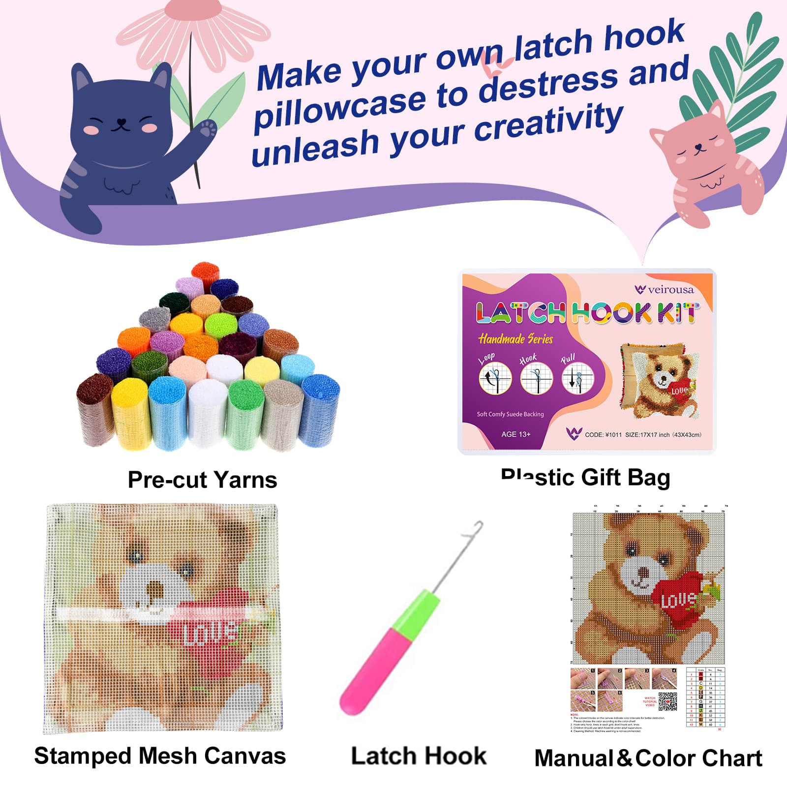 All-in-one Teddy Bear Latch Hook Pillow Kit