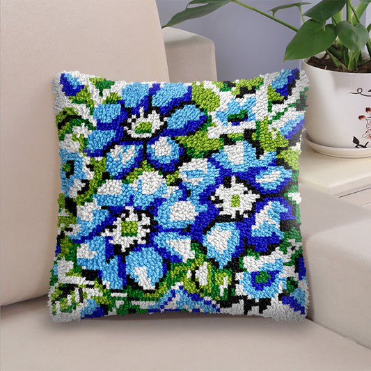 Blue Flowers Pillowcase Latch Hook Kit for Adult, Beginner and Kid