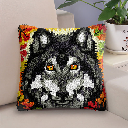 Black Wolf Pillowcase Latch Hook Kits for Adult, Beginner and Kid
