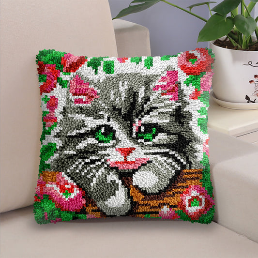Kitten in Garden Latch Hook Pillow Kit for Adult, Beginner and Kid