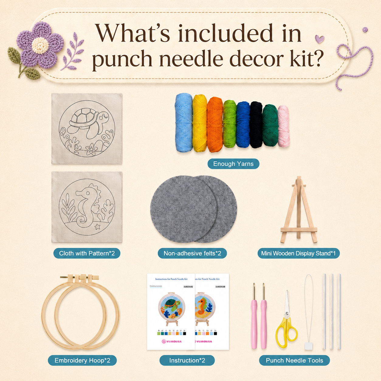 Dinosaur and Penguin -Punch Needle Decor Kit