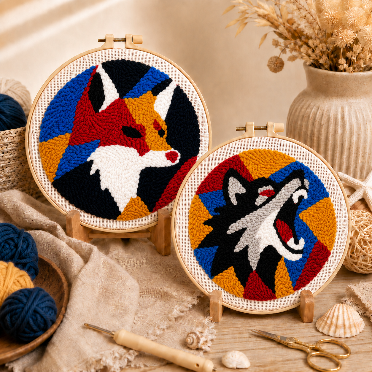 Geometric Fox & Wolf Punch Needle Kit for Beginners