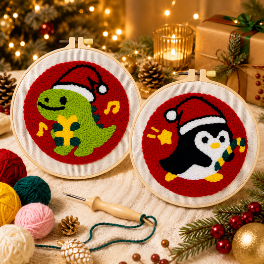 Dinosaur and Penguin -Punch Needle Decor Kit