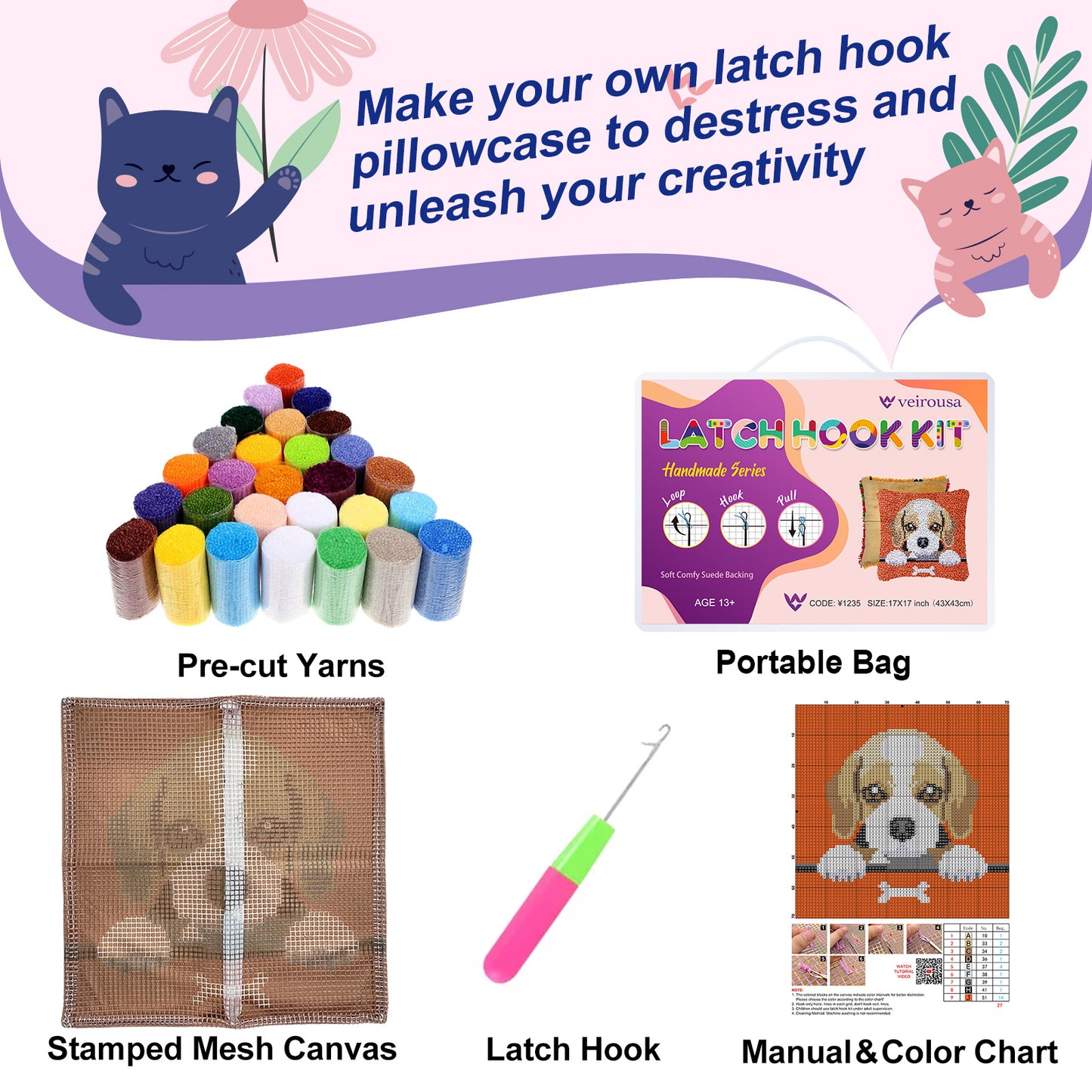 Black Leopard Print Pillowcase Latch Hook Kits for Adult, Beginner and Kid