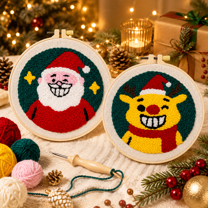 Santa Claus and Reindeer -Punch Needle Decor Kit