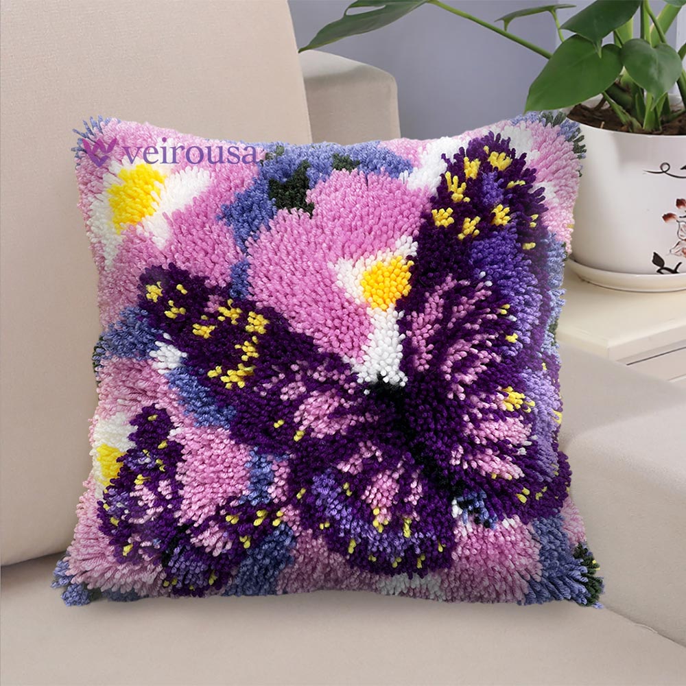 Veirousa Butterfly and Flowers Latch Hook Pillow Kit
