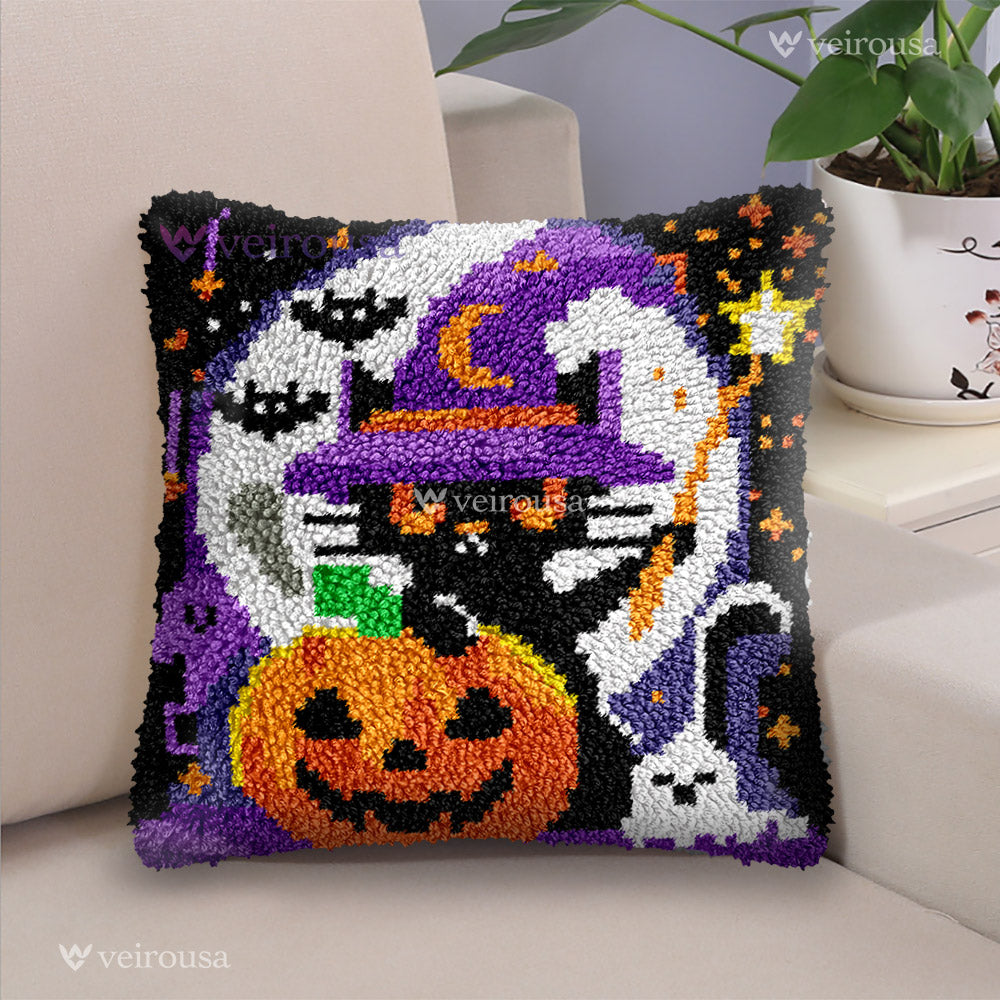 Veirousa Cat Witch Halloween Latch Hook Pillow Kit