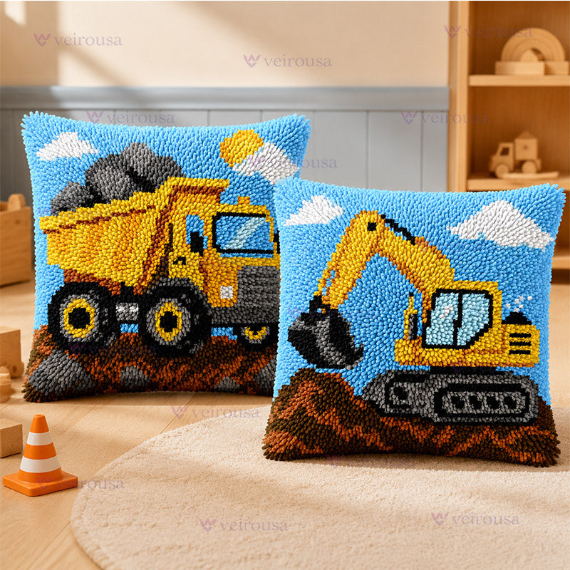 Veirousa Construction Vehicles Latch Hook Pillow Kit