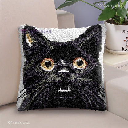 Veirousa Cute Black Cat Latch Hook Pillow Kit