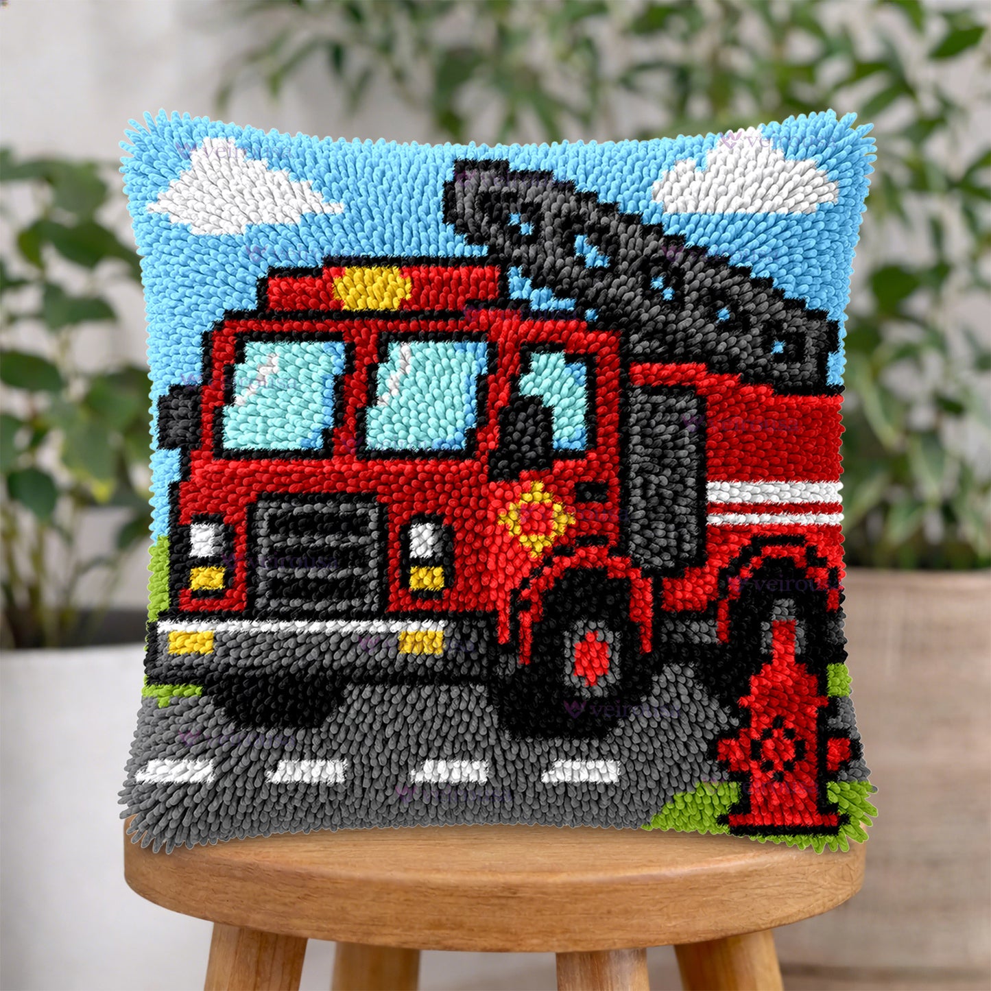 Veirousa Fire Truck Latch Hook Pillow Kit