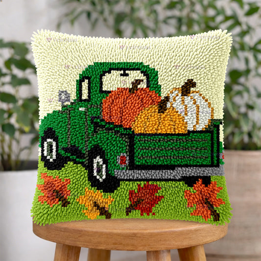 Veirousa Pumpkin Harvest Green Truck Latch Hook Pillow Kit