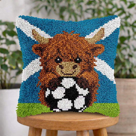 Veirousa Scotland Highland Cow Soccer Latch Hook Pillow Kit