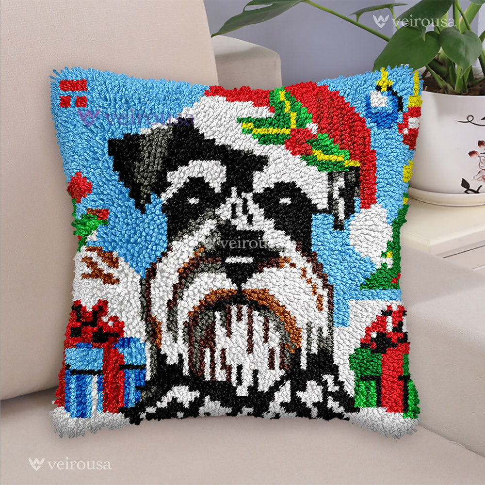 Xmas Schnauzer Dog Latch Hook Pillow Kit| DIY Cushion & Rug Set for ...